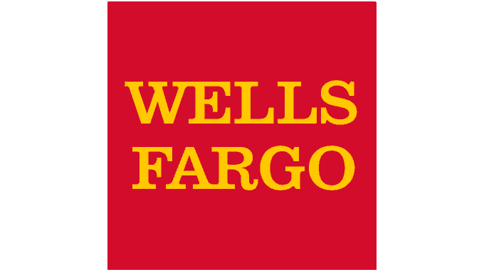 The image shows the Wells Fargo logo, featuring the company's name in bold yellow text on a red background. This visually represents the financial institution referenced in the article about its upcoming launch of tokenized deposits on a proprietary blockchain for cross-border payments.