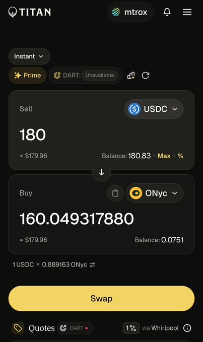 A screenshot of the Titan crypto swap interface showing a trade of 180 USDC for 160.049317880 ONyc tokens, with a 1 USDC = 0.889163 ONyc exchange rate and a USDC balance of 180.83.