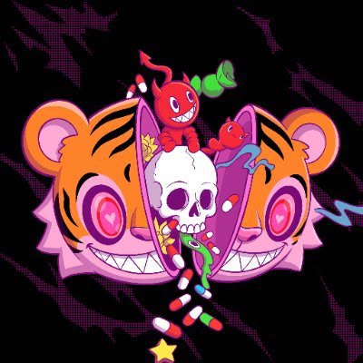 A vibrant, cartoon-style tiger face with wide pink eyes splits open to reveal a spooky skull, a red devil character, and a cascade of colorful pills spilling out, evoking a surreal "portal" of eerie imagery. The accompanying post's caption emphasizes the shift from playful to ominous, highlighting how the art feels like a hidden, dimension-like realm beyond a cute exterior.