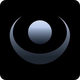 A dark logo featuring a stylized crescent moon or eye shape with a sphere at the top center, set against a black background.