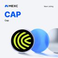 MEXC exchange logo with the text "CAP" and "Cap" displayed, along with a yellow and black circular logo and a blue sphere graphic, promoting the upcoming listing of the CAP token on the MEXC platform.