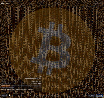 A Bitcoin logo composed of digital characters and binary code is displayed over a background of yellow Bitcoin symbols within a dark frame.