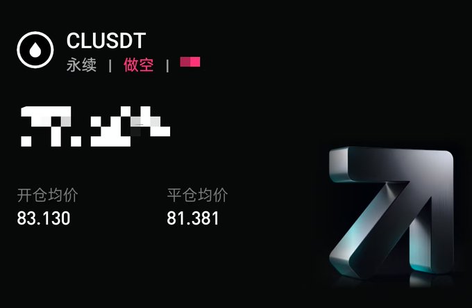 The image displays a CLUSDT perpetual contract short position with an opening average price of 83.130 and a closing average price of 81.381, illustrating the profitable short trade mentioned in the post where the trader accurately anticipated the price decline.