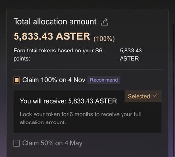 The image shows a screen displaying information about airdrops, specifically targetingaster. The screen has text informing users that they have received 100% of their allocated tokens. It also states that they will receive 6 months' worth of cryptocurrency at this time. The post appears to be focused on a specific hashtag or category related to the @Aster_DEX token.