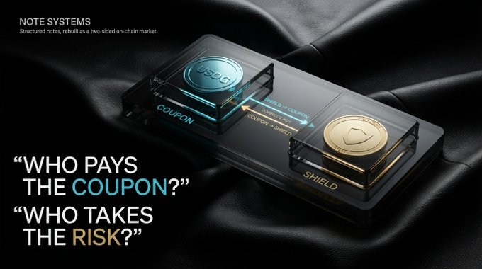 A promotional graphic for 'NOTE SYSTEMS' featuring transparent coin-like tokens labeled 'COUPON' (blue, USDG) and 'SHIELD' (gold), with the text 'WHO PAYS THE COUPON?' and 'WHO TAKES THE RISK?' displayed on a dark background.
