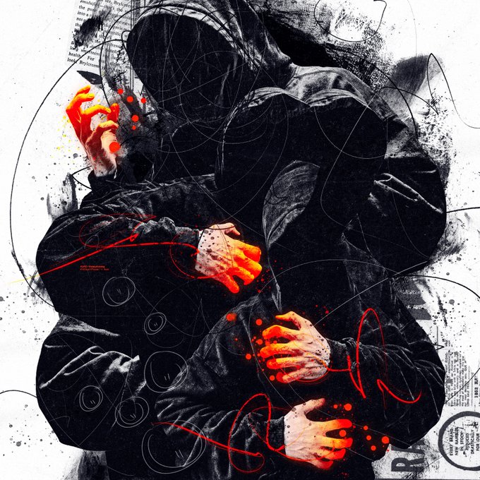 A dark, artistic illustration of a hooded figure in black with multiple hands splattered in bright orange/red paint, overlaid with abstract scribbles and splatters on a textured background.