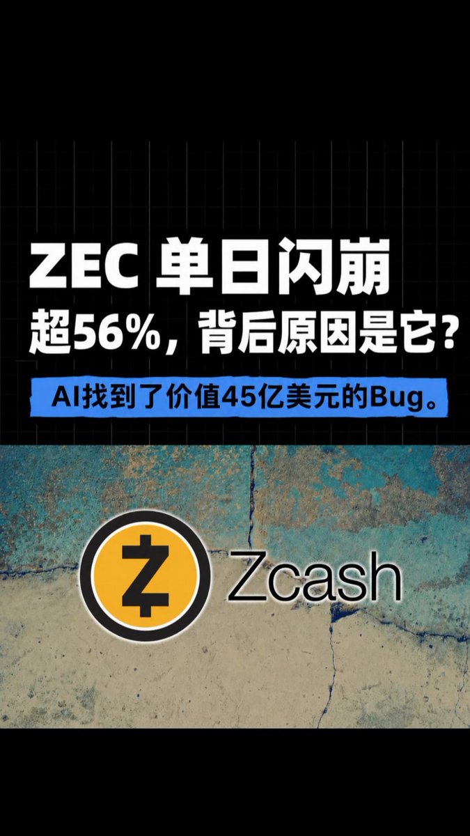 The focus of this image is on a cryptocurrency called ZEC, which is displayed prominently on the upper half of the poster against a black background with white lines. In the lower half of the poster, there's information about dropping over 56% in a single day and details about a bug worth $4.5 billion found by one person using an AI program. The text in both the upper and lower sections explains what these events mean within the context of ZEC.