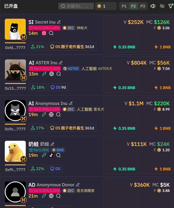 A screenshot of a cryptocurrency launchpad platform listing various 'Inu' meme coins with details including '$1 Secret inu', '$1 ASTER Inu', '$1 Anonymous Inu', and a hamster coin '奶蛙 奶蛙', all showing tax rates of 0.25%/1.25%.
