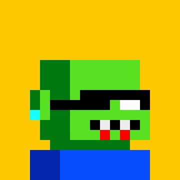 A pixel art image featuring a green blocky character with black sunglasses and a blue outfit, set against a solid yellow background.