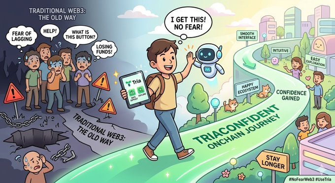 The image features a cartoon depiction of a young boy holding an iPad, walking down a path with a robot companion. The scene includes various elements such as buildings, trees, and other people, creating a lively atmosphere. The caption for the image reads "Good afternoon my al X friend And that is exactly why @useTria hits different. The smoother and more intuitive a platform feels, the less fear new users face when stepping onchain". This message emphasizes the importance of user-friendly interfaces in overcoming the fear associated with new technologies like blockchain.