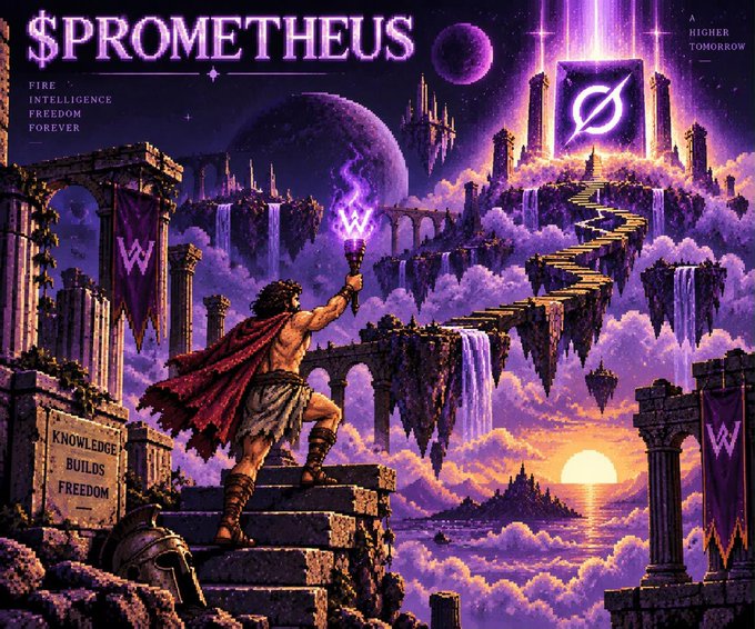 A vibrant, purple-toned fantasy illustration titled "$PROMETHEUS" featuring a Greek-style figure holding a torch amidst floating ruins, with text reading "FIRE INTELLIGENCE FREEDOM FOREVER" and "KNOWLEDGE BUILDS FREEDOM."