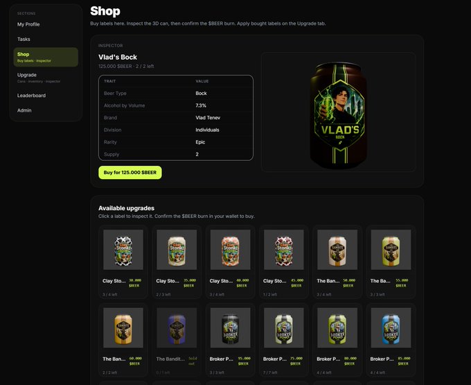 Digital shop interface showing 'Vlad's Bock' ($BEER token) for purchase at 125,000 $BEER, alongside various available upgrades like 'Clay Sto...' and 'The Ban...' cans.