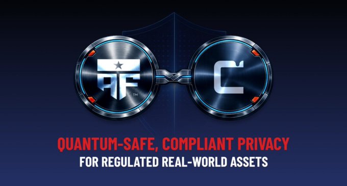 A promotional graphic featuring two circular metallic logos with 'PF' and 'C' symbols, accompanied by the red text 'QUANTUM-SAFE, COMPLIANT PRIVACY FOR REGULATED REAL-WORLD ASSETS.'