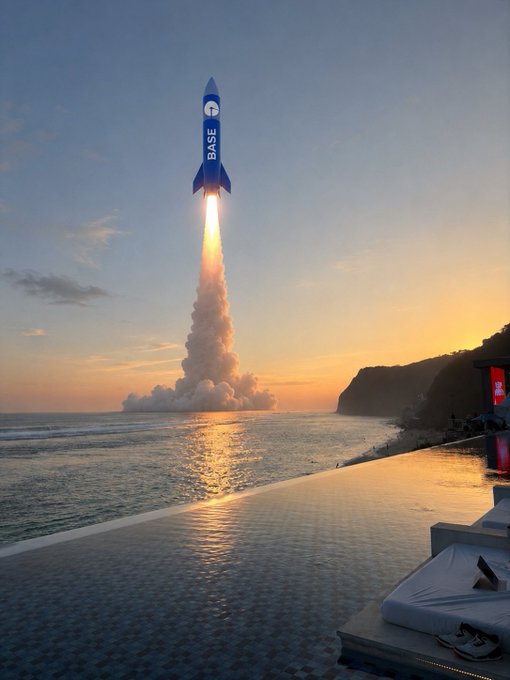 A blue rocket with the word 'BASE' printed on it launches into the sky over a beach at sunset, viewed from a poolside area with lounge chairs.
