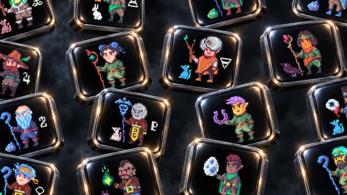 A collection of pixel-art character tiles displayed in gold frames, featuring various fantasy characters including wizards, knights, and creatures with different colored hair and outfits.