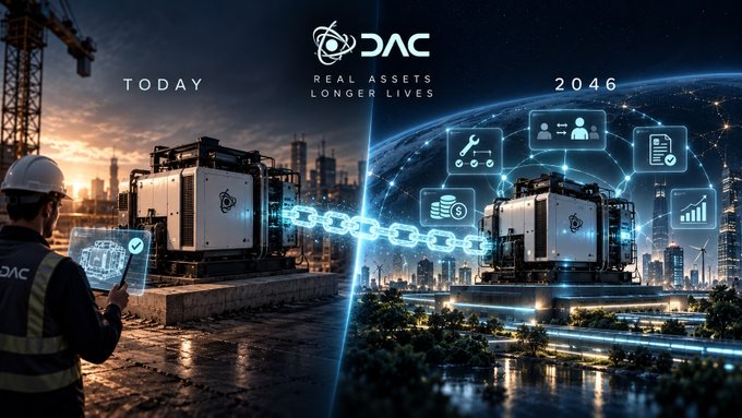 A promotional graphic for 'DAC - Real Assets Longer Lives' comparing 'TODAY' (a worker at a construction site) to '2046' (a futuristic smart city with blockchain technology), with the DAC logo at the top center.