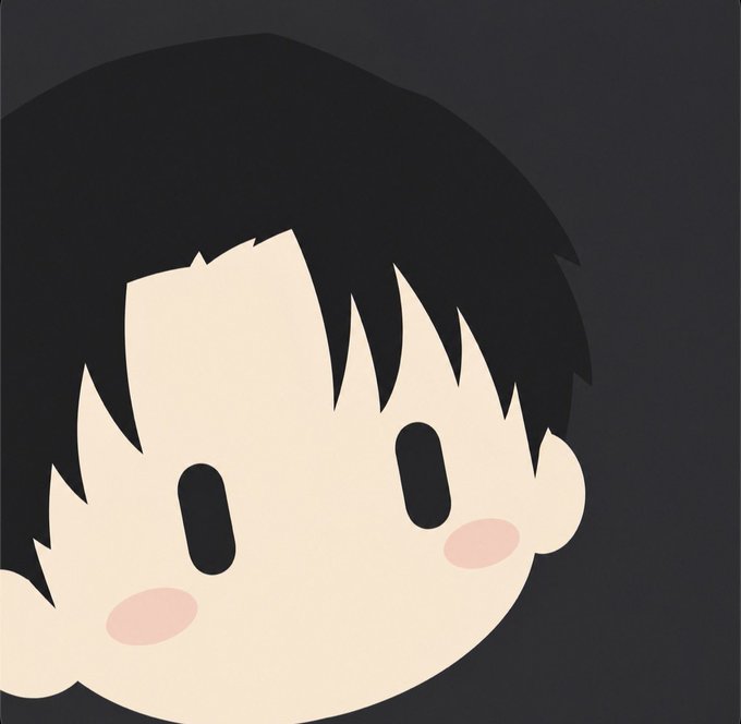 A simple cartoon illustration of a cute child's face with black hair, oval black eyes, and pink cheeks on a dark background.