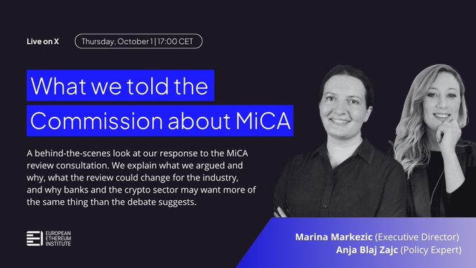 A promotional graphic for the European Cheating Institute featuring 'Marina Markezic (Executive Director)' and 'Anja Blaj Zajc (Policy Expert)' with the title 'What we told the Commission about MiCA', scheduled for 'Thursday, October 1 | 17:00 CET'.