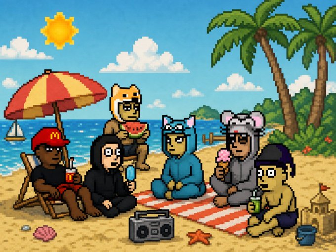 A group of pixel-art "Frensters" chill on a sunny beach under a striped umbrella, enjoying watermelon, ice cream, and drinks while a boombox plays—evoking the carefree community vibe of the upcoming free mint collection launching on Robinhood and OpenSea.
