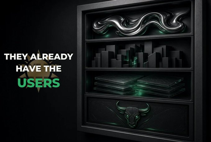 A dark, futuristic display case labeled "THEY ALREADY HAVE THE USERS" shows stylized visuals of waves, a cityscape, stacked platforms, and a bull emblem, representing crypto's existing infrastructure and audience. The image visually reinforces the post's argument that crypto's real challenge isn't acquiring users—but recognizing that the infrastructure, communities, and capital are already in place, as outlined in the $ANSEM thesis.