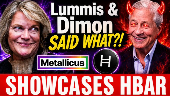 The image features a banner with two people, one of whom has horns and the other wearing a suit. The text on the banner reads "LUMMIS & DIMON Said What?! Metallicus & HBAR Holders! Listen To This! LUMMIS & DIMON Said What?! @blackrue @robmass youtube.com/watch?v=3iX4hX". The image is related to a post about metallicus and hbar, as indicated by the banner's content.