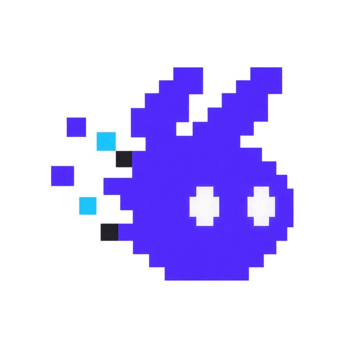 A pixel art illustration of a purple blob-like creature disintegrating or exploding into smaller blue and black square particles.