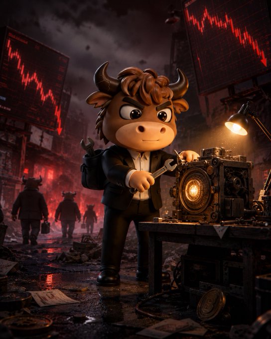 The image features a cartoon bull standing next to a camera, holding a wrench over its head as if fixing or adjusting something related to the camera. The scene takes place in an urban setting with people walking around, giving the impression of a busy city street. There is also a red neon sign visible in the background, adding to the overall atmosphere of the image.