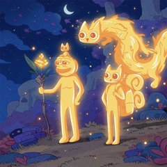 An illustration depicts glowing yellow, cat-like creatures in a nighttime setting, including figures with wings and one holding a staff with a flower.