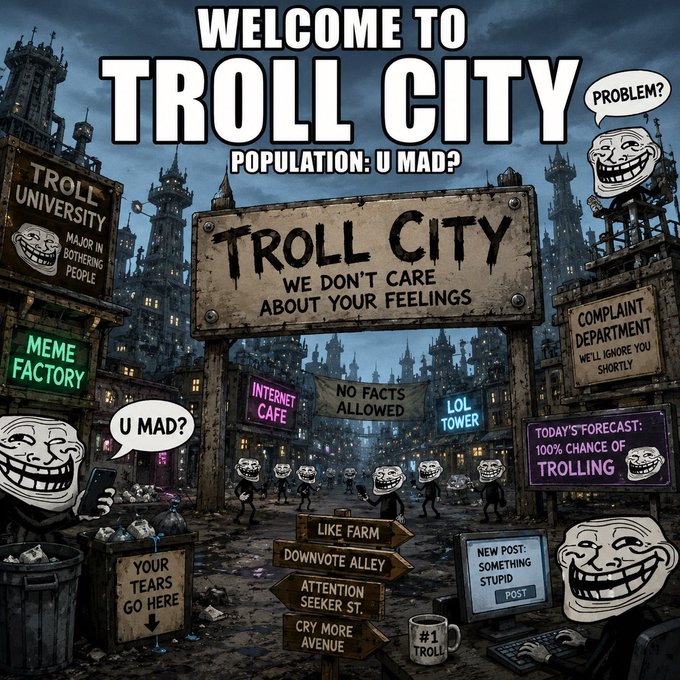 The image features a cartoon-like scene of a city with various signs and billboards, including one that says "Welcome to Troll City" and another that reads "population: u mad?". The city appears to be populated by trolls who are causing mischief throughout the area. There is also a sign for an internet cafe in the middle of the scene. 

In addition to these elements, there are several people scattered around the image, some of whom appear to be trolls as well. A cup can be seen on one side of the image, and a computer monitor is located near the bottom right corner. The overall atmosphere seems to be chaotic and filled with humor due to the presence of both the trolls and the signs related to Troll City.