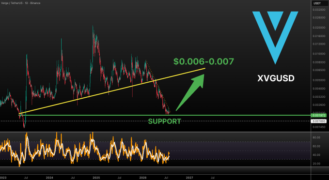 The image displays a Verge (XVG/USD) candlestick chart on a daily timeframe, highlighting a key support level with a green arrow pointing upward to a projected target range of $0.006-0.007, visually supporting the post's claim of an early bullish reversal.