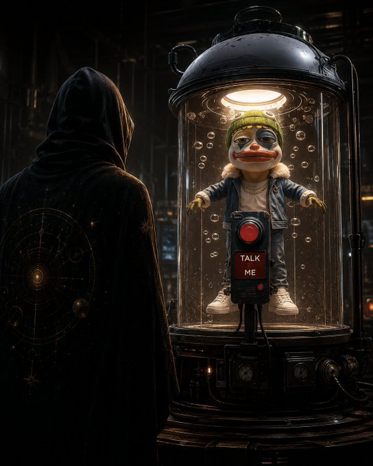 A hooded figure stands before a glass containment chamber housing a creepy clown-like doll with a 'TALK ME' button, set in a dark industrial atmosphere.