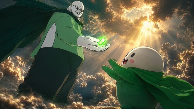 This image depicts a character offering a glowing green capsule to a smaller, cute character, symbolizing a breakthrough for $cupsey. The scene suggests immense potential and a bright future, aligning with the post's sentiment of achieving something "unbelievable."