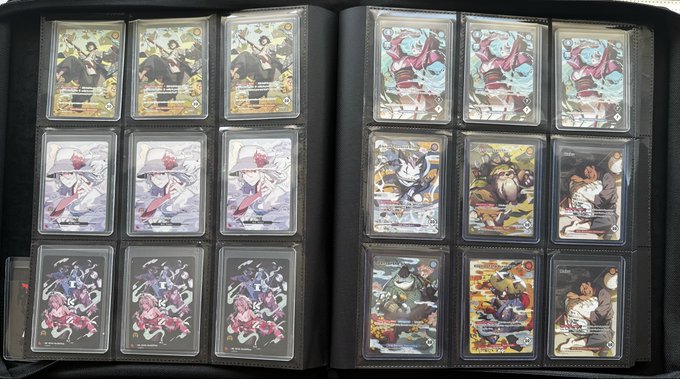 A binder page displaying multiple full-art Pokémon trading cards in protective sleeves, featuring various colorful character illustrations.