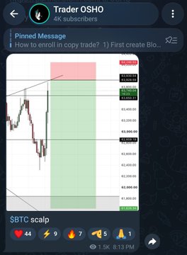 A Telegram post from "Trader OSHO" (4K subscribers) shows a $BTC scalp trading chart with a short position marked by a green highlighted zone, displaying price levels around $82,000-$84,000, along with a pinned message reading "How to enroll in copy trade? 1) First create Blo..." and the caption "$BTC Short scalp running with community Access in bio" confirming the active short scalp trade.