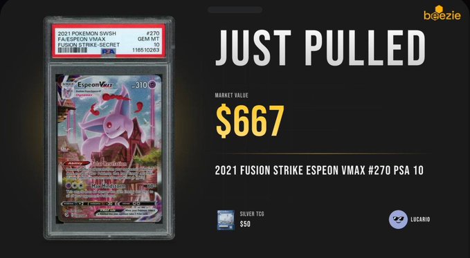 A PSA-graded 2021 Pokémon card '2021 Fusion Strike Espeon VMAX #270 PSA 10' shown with a market value of $667 from boezie.