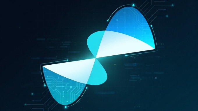 An abstract digital illustration of a glowing blue butterfly-like shape composed of circuit board patterns and geometric lines against a dark background.