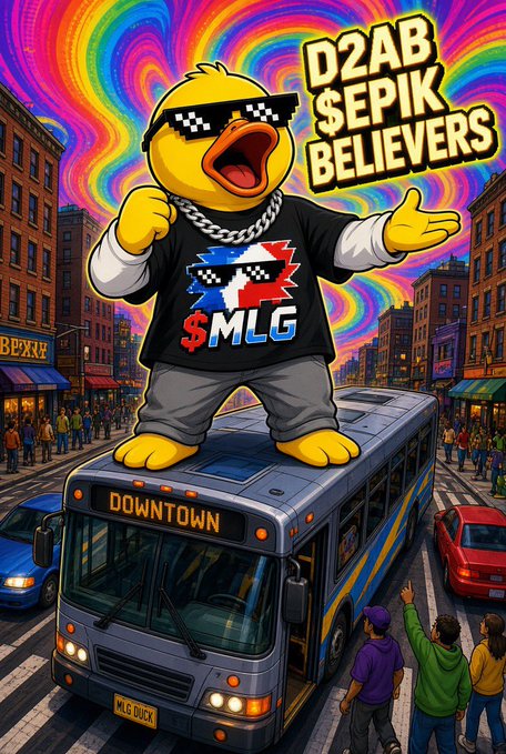 A giant yellow duck wearing pixelated sunglasses and a t-shirt with a Dominican flag and "$MLG" stands atop a bus labeled "DOWNTOWN" with a license plate "MLG DUCK," set against a swirling rainbow backdrop and the headline "D2AB $EPIK BELIEVERS." The playful mascot imagery reinforces the post's message by visually representing $EPIK as a large, attention-grabbing "duck" that towers over the crowd, embodying the idea of a project too big to ignore rather than a fleeting fireworks display.