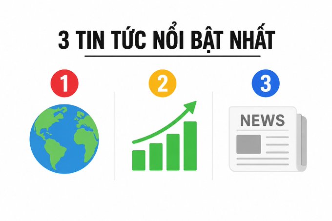 A Vietnamese-language infographic titled '3 TIN TỨC NỔI BẬT NHẤT' (3 Most Outstanding News) featuring three numbered icons: a globe (1), a growth chart with an upward arrow (2), and a newspaper labeled 'NEWS' (3).