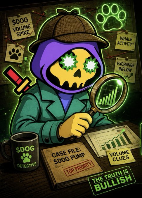 A cartoon detective skeleton wearing a deerstalker hat and holding a magnifying glass over a chart, surrounded by clues including '$DOG VOLUME SPIKE', 'WHALE ACTIVITY?', 'EXCHANGE INFLOW', 'CASE FILE: $DOG PUMP', 'VOLUME CLUES', and 'THE TRUTH IS BULLISH'.