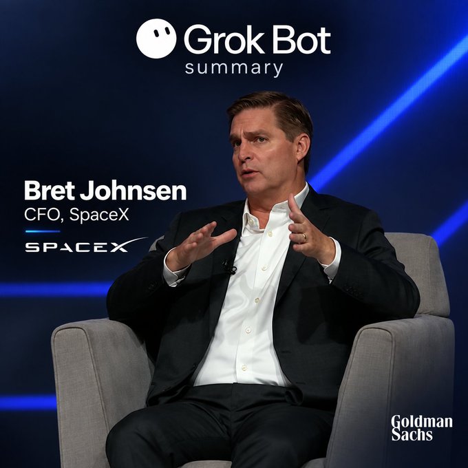 Bret Johnsen, CFO of SpaceX, speaks at the Goldman Sachs Communacopia conference, where he discussed the company's vertical integration operating model spanning rockets and Starlink, as summarized by Grok Bot.