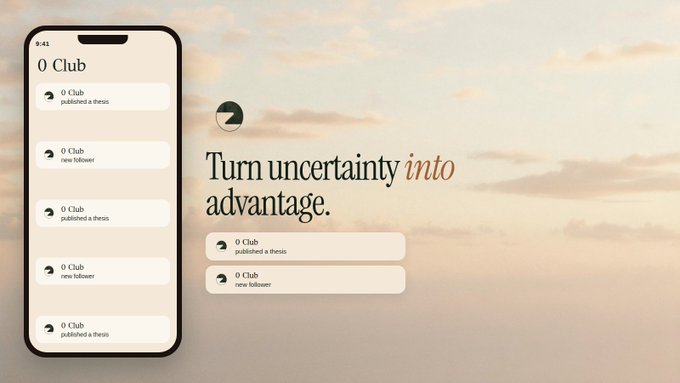A promotional graphic showing a smartphone interface for 'O Club' with the tagline 'Turn uncertainty into advantage,' set against a sunset sky background.