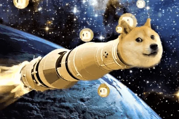The image features a large yellow rocket ship with a dog head on top of it, flying through space. The rocket appears to be moving towards Earth, as there are several small white balls floating around it. The caption reads "SpaceX IPO coming tomorrow. Saw someone comment: It'S finally going to moon! Reminded me of $DOGE and the 2021 peak when everyone said it was mooning That was just five years ago."