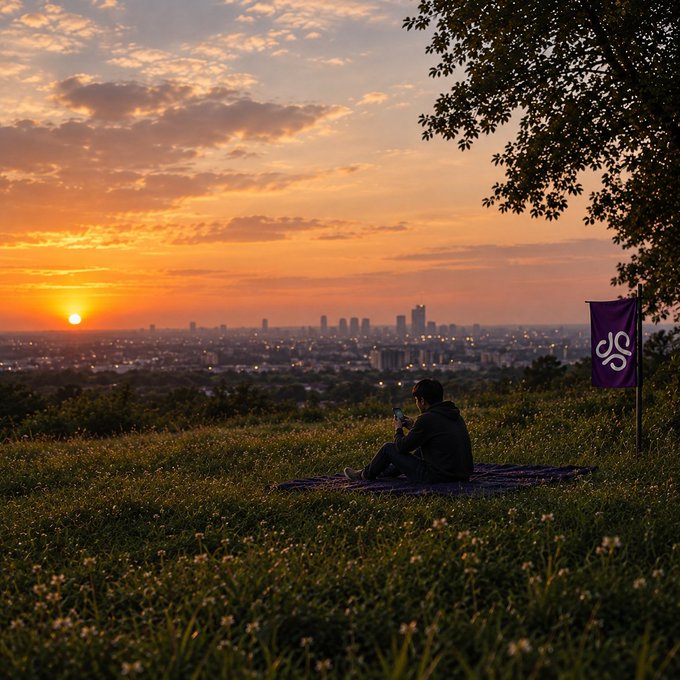 A person sits on a blanket in a grassy field at sunset, looking at their phone while overlooking a city skyline, with a purple flag bearing a 'DS' logo planted in the ground beside them.