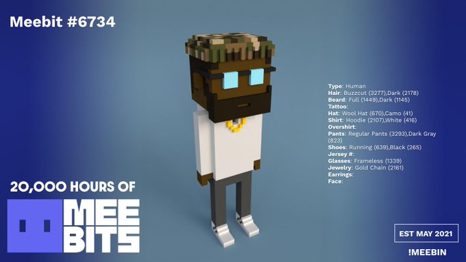 A 'Meebit #6734' NFT display showing a 3D voxel character with a beard, cap, and gold chain, alongside its item traits (Hair: Buzcut, Beard: Full, Hat: Wool Hat, Glasses: Frameless, Jewelry: Gold Chain).
