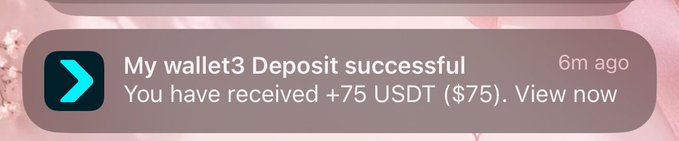 A mobile notification showing 'My wallet3 Deposit successful - You have received +75 USDT ($75). View now' from 6 minutes ago.