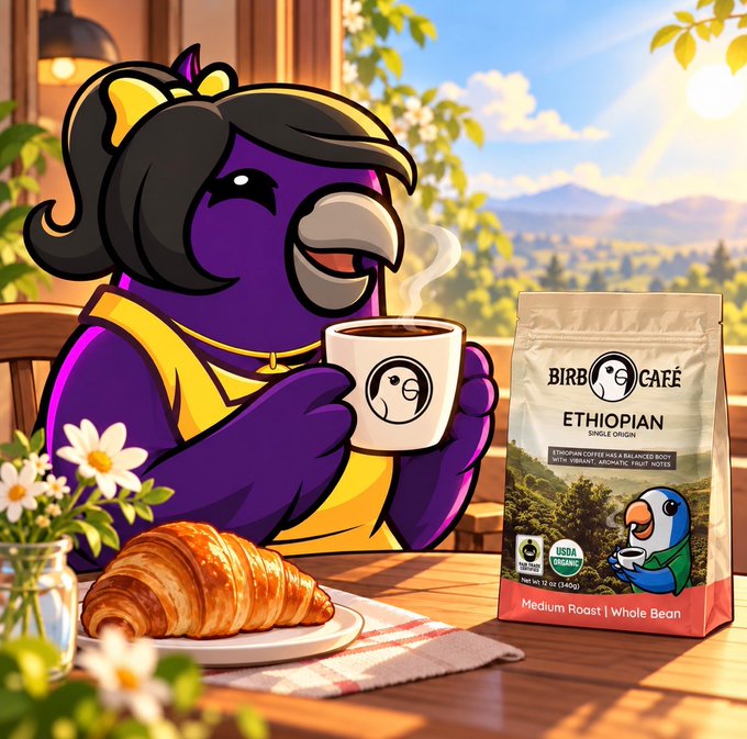 An illustration of a purple cartoon bird wearing a yellow apron, drinking from a "BIRBOG CAFE" mug next to a croissant and a bag of "ETHIOPIAN" single origin coffee.