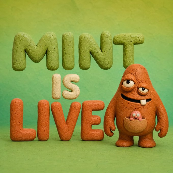 Claymation-style letters spell "MINT IS LIVE" in green and orange against a green backdrop, next to a quirky orange clay character with a wide grin and buck teeth holding a tiny pink creature in its pouch. The playful, handmade aesthetic ties directly into the post's announcement of the "Robin T00ns" mint going live on OpenSea with a first-come, first-served early access window.