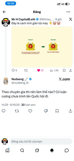 A Twitter/X post by @nudaeng_ib features a satirical Vietnamese meme showing a "simplified calculation" that transforms "Tên cũ" (Old name - Cục An Ninh Mạng Và Phòng, Chống Tội Phạm Sử Dụng Công Nghệ Cao) into "Tên mới" (New name - Cục An Ninh Mạng), captioned "Theo chuyện gia thì nên làm thế nào? Có luận cương chưa trình lên Quốc hội đi" (According to experts, what should be done? Hasn't the thesis been submitted to the National Assembly?), poking fun at the renaming of Vietnam's cybersecurity agency.
