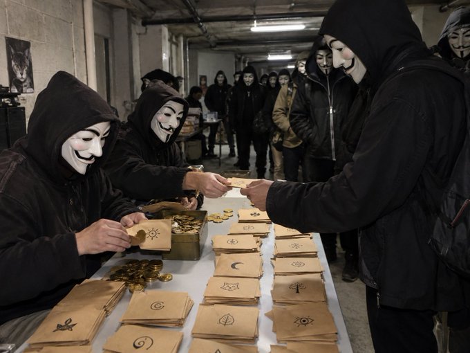 Surreal AI-generated image depicting anonymous figures in V- hoods and hooded jackets gathered around a table exchanging brown paper pouches marked with mystical symbols like moons, eyes, and trees.