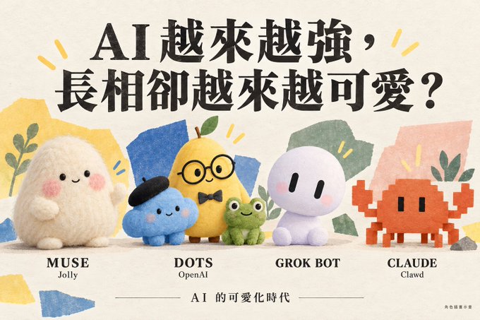 An illustration with Chinese text asking 'AI 越來越強, 長相卻越來越可愛?' (AI is getting stronger, but are its appearances getting cuter?) showing cute mascot versions of various AI systems labeled MUSE, DOTS, GROK BOT, and CLAUDE.